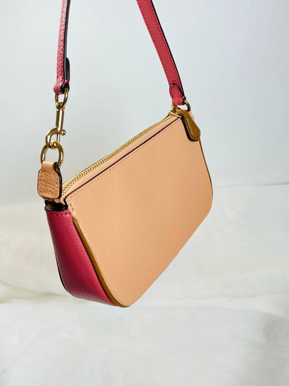 Coach Peach Pebbled Leather Shoulder Pouch with Pink Trim